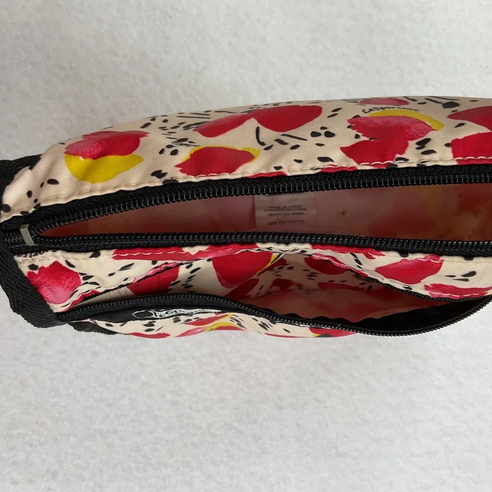 LeSportsac Floral Poppy Print 3-Zip Cosmetic Bag Travel Pouch Red Yellow Cream